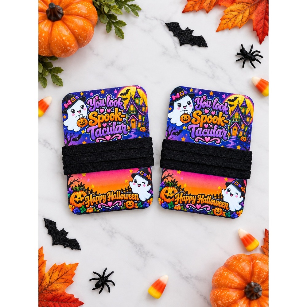 6 Black Elastic Hair Ties on Halloween Display Card Spook-Tacular Ghost 2 Pack